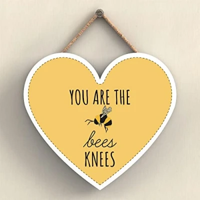 Image of Global Designs You Are The Bees Knees Yellow Bee Themed Decorative Wooden Heart Shaped Hanging Plaque