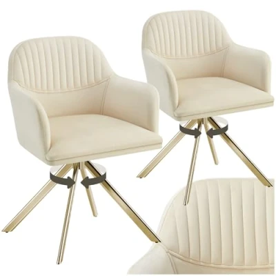 Image of TecTake® Set of 2 Velvet Dining Chairs with 360 Swivel Function, Thickly Padded Armchairs Stable Steel Legs, Non Slip Caps &amp; Quick Assembly Ideal Kitchen, Bedroom Desk Cream/Gold