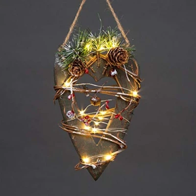 Image of Green Wooden LED Heart Hanging Ornament Christmas Holiday Home décor with 15 Warm white LEDs, 12 * 19h cm, SHATCHI