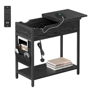 Image of VASAGLE Slim Side Table with Charging Station, Narrow Bedside Storage, End USB Ports, Outlets, Fabric Bags, for Living Room, Bedroom, Black LET309B56