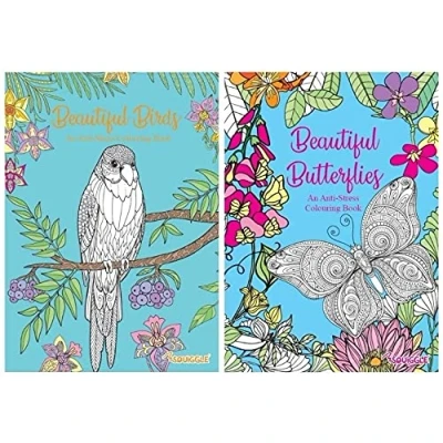 Image of Squiggle Anti Stress Adult Colouring Books, Beautiful Birds &amp; Butterflies Set of 2