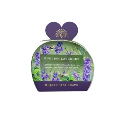 Image of The English Soap Company Packed Guest Soaps, Sandalwood Shea Butter Heart Shaped Moisturising Soaps for Face and Body, Lavender Scent 3 x 20g