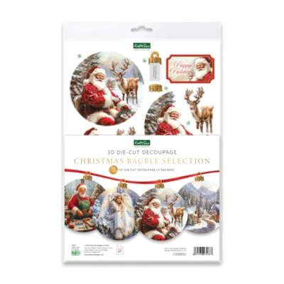 Image of Katy Sue Christmas Bauble Selection Die Cut Decoupage Pack. 12 Pre Paper Sheets for Card Making Supplies, Toppers, &amp; Papercraft Baubles