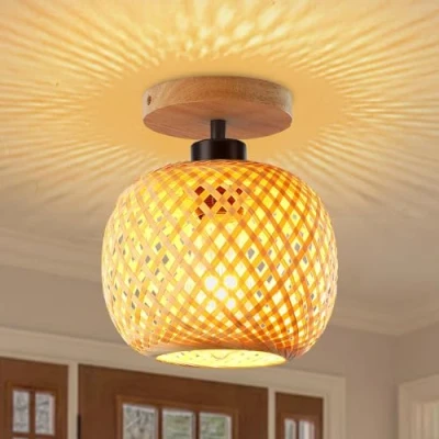 Image of Schindora Bamboo Ceiling Light,Mini Size Boho Semi Flush Mount Light Fixture,Handmade Rattan Wood Lampshade,Farmhouse Fixtures for Bedroom Nursery Hallway Corridor Passway