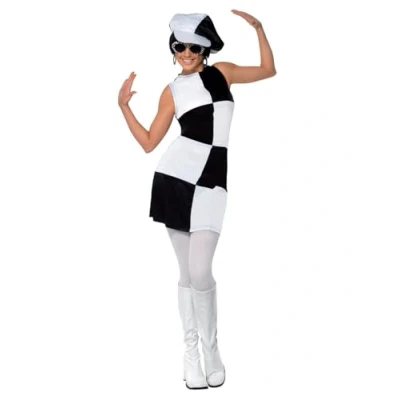Image of Smiffys 60s Party Girl Costume, Black &amp; White with Dress and Hat, 1960&#039;s Groovy Fancy Dress, 1960s Up Costumes