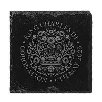 Image of Kings Coronation 2023 Official Emblem Slate Coasters King Charles III Commemorative Souvenir Gift His Majesty The Royal Memorabilia Gifts