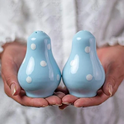 Image of City to Cottage Ceramic Salt and Pepper Shakers Set, Shaker, Farmhouse Kitchen Counter Decor for Home Restaurants Wedding, Handcrafted Sky, Baby Blue Polka Dot Spice