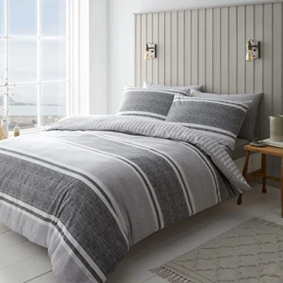 Image of Catherine Lansfield Textured Banded Stripe Single Duvet Set Charcoal
