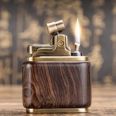 Image of Old fashioned kerosene lighter, wooden grinding wheel brass core cigarette classic design lighter (without kerosene)