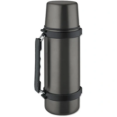 Image of Isosteel VA 9553QAT 1 Litre 18/8 Stainless Steel Double Walled Vacuum Flask with Handle Plus Removable Shoulder Strap, Titanium Gray
