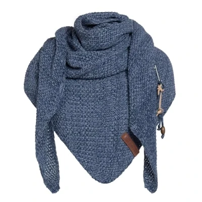 Image of Knit Factory Coco Knitted Shawl Triangle scarf Women Jeans/Indigo winter 190x85 cm Manufactured in Europe Ladies Including decorative pin