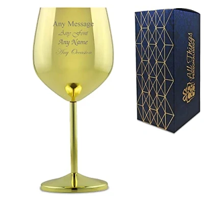 Image of Personalised Engraved Metal Gold Wine Glass, Personalise with Any Message for Occasion, Stylize a Variety of Fonts, Gift Box Included, Laser