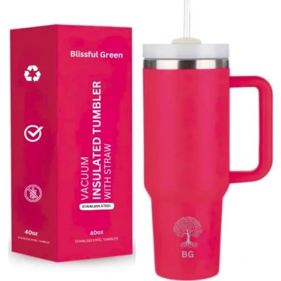 Image of Blissful Green 40oz Tumbler with Straw, Lid, Vacuum Insulated, Double Walled, Re uasble Stainless Steel, Travel Mug Handle, Coffee, Hot Cold Drinks (Rose Red)