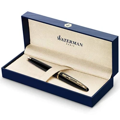 Image of Waterman Carène Black Sea Fountain Pen, High Gloss &amp; 23k Gold Clip,Medium Nib with Blue Ink Cartridge, Gift Box