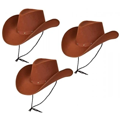 Image of Pack of 3 x BROWN Texan Cowboy Hats : Adult Unisex Wild West Rodeo Cowgirl Mens Womens Fancy Dress Accessory …