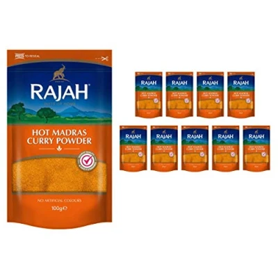 Image of Rajah Spices Hot Madras Curry Powder (100g (Pack of 10))