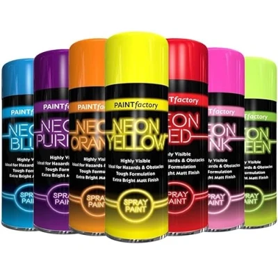 Image of AlezyB Neon Pack of 7 Mix Colours Green, Blue, Yellow, Orange, Purple, Pink, Red 200ML, Spray Paint Aerosol Fluorescent Bright Graffiti (Banksey) Matt Finish