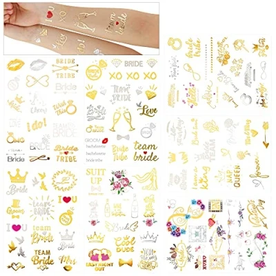 Image of HOWAF 134PCS Hen Party Tattoos, Team Bride Gold Temporary Tattoos for Accessories, Wedding Night &amp; Bachelorette Do Accessories