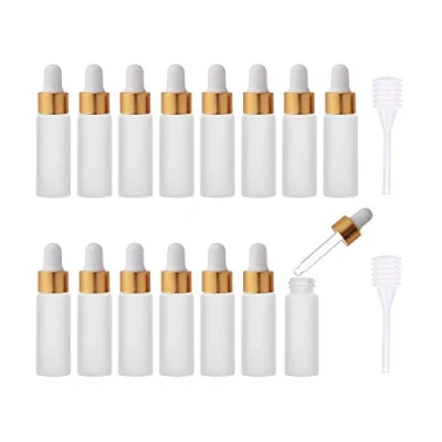 Image of Enslz 15pcs 5ml Mini Empty Frosted Essential Oil Glass dropper bottle Reusable Bottles Vial Nasal refillable with Metal Screw Mouth lid&amp;rubber Bulb (5ml, Gold)