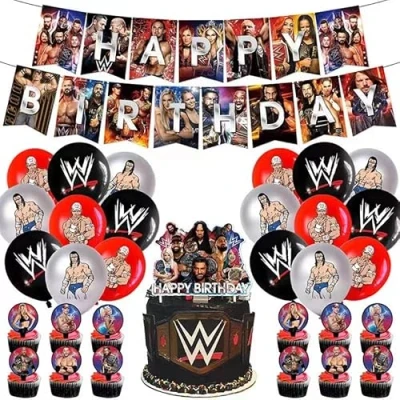 Image of Wrestlinss Theme Birthday Party Decorations Supplies Happy Banner Balloons Cake Topper, Cupcake Toppers for Decor