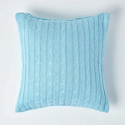 Image of HOMESCAPES Cable Knit Cushion Cover Pastel Blue 100% Cotton 18 x Inches Washable