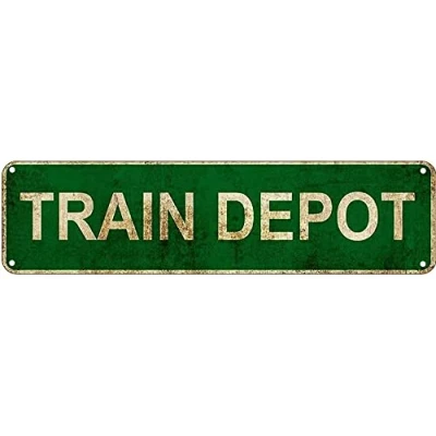 Image of Train Depot Street Sign Vintage Rustic Retro Wall Decor Funny Metal Tin 4x16 Inch