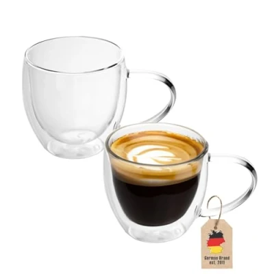 Image of INTIRILIFE 2x double walled thermo glasses set 200 250ml mouth blown insulated for espresso cappuccino, tea coffee latte macchiato cups, floating effect with handle