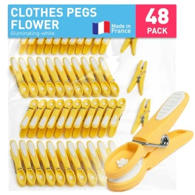 Image of culiclean Clothes Pegs for Washing Line Strong Soft Grip 48 pcs &quot;Flower&quot; illuminating white Non Slip Heavy Duty Large Plastic Laundry Peg Secure Rubber Mark Free