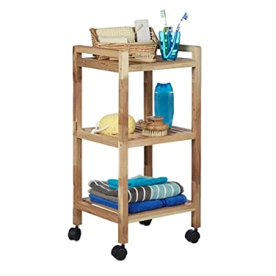 Image of Relaxdays Bathroom Shelving with Wheels, Wooden, HxWxD: 71.5 x 35 31 cm, Handles, Rotating, 3 Shelves, Kitchen Rack, Natural