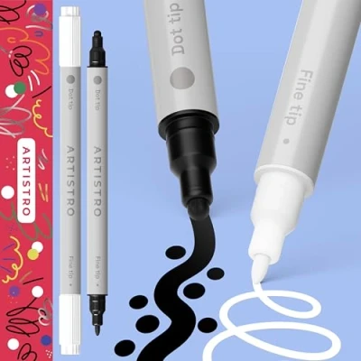 Image of Artistro 2 White and Black Acrylic Paint Pens, Markers Dual Tip (Fine 1mm + Dot 5mm), for Fabric, Canvas, Rock, Glass, Wood, Paper, DYI, Kids Adults