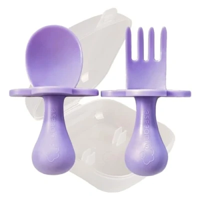 Image of Grabease Baby and Toddler Self Feeding Utensils Spoon Fork Set for Led Weaning Made of Non Toxic Plastic Featuring Protective Barriers to Prevent Choking Gagging