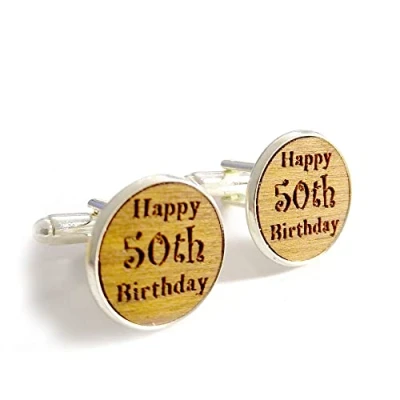 Image of 50th Birthday Cufflinks, Handmade Engraved Wooden Gift, 5th Wedding Anniversary Present, With Gift Box