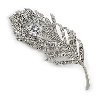 Image of Avalaya CZ/Clear Austrian Crystal Peacock Feather Brooch in Silver Tone Metal 7cm Long