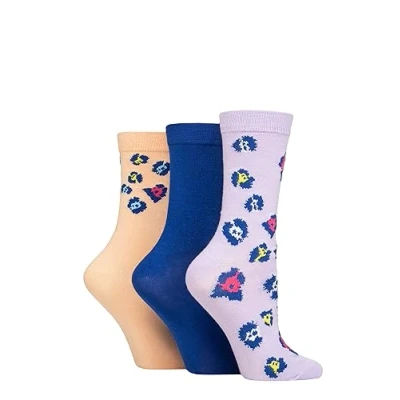 Image of Women&#039;s 3 Pair SOCKSHOP Wildfeet Patterned Bamboo Socks Animal Lilac / Navy Peach 4 8