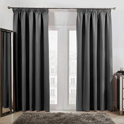 Image of Dreamscene Pencil Pleat Blackout Curtains Set of 2 Thermal Tape Top Heading Panels, Charcoal Grey Width 46&quot; x Drop 54&quot;