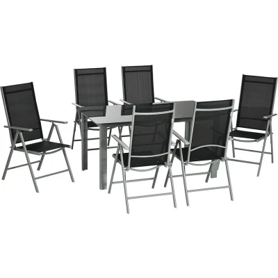 Image of Outsunny 7 Piece Garden Dining Set, Outdoor Table and 6 Folding Reclining Chairs, Aluminium Frame, Tempered Glass Top Table, Texteline Seats, Black