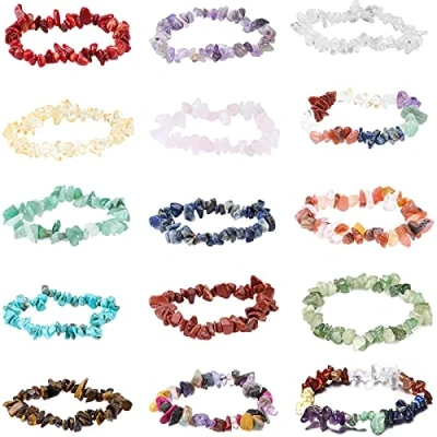 Image of Uoeo 15 Pieces Irregular Crystal Chip Bracelets Set, Natural Gemstone Stretch Bracelet Crushed Stone Jewelry Creative Gifts for Girls Women