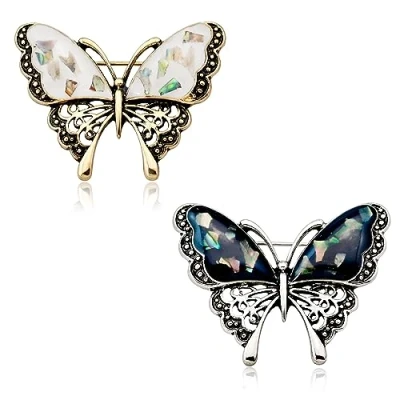 Image of CAREOR 2 Pack Butterfly Brooch Pin Sweater Shawl Clips Faux Rhinestones Collar Safety Engraving Metal Lapel Jewelry, White+Purple