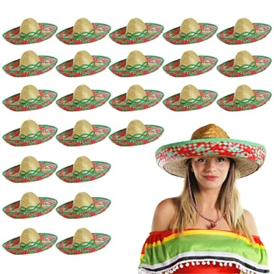 Image of Adults Mexican Sombrero Pack of 1 Green Straw Embroidered Mexico Cinco de Mayo Fiesta Fancy Dress Costume Accessory