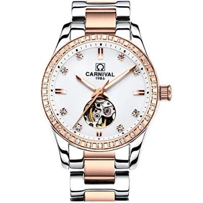 Image of Carnival Womens Skeleton Automatic Mechanical Synthetic Sapphire Crystal rose Gold Stainless Steel Lady Waterproof White Watch, gold/white face, fashion