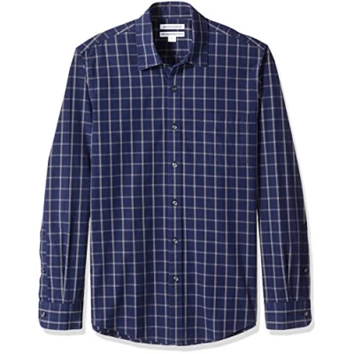 Image of Amazon Essentials Men&#039;s Slim Fit Long Sleeve Poplin Shirt, Navy Windowpane, XL