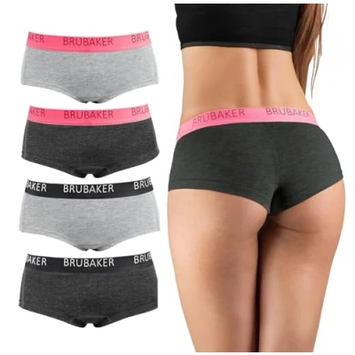 Image of BRUBAKER 4 pack Women&#039;s Panties Cotton Pants Hipster Underwear with Stretch Waistband Grey and Anthracite L