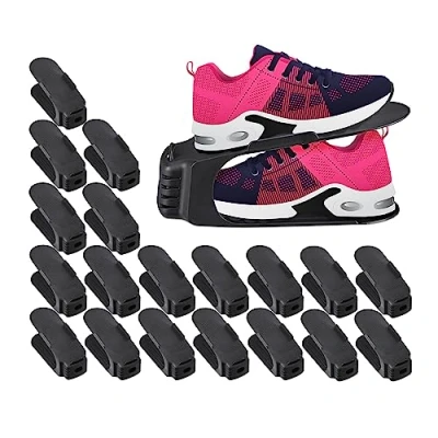 Image of Relaxdays Shoe Stacker, 20x Set, up to Size 39, Wardrobe &amp; Closet Storage Solution, Organisation System, Plastic, Black, 12.5 x 10 25 cm