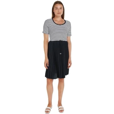 Image of Tommy Hilfiger Women T Shirt Dress Rib Pleated Stretch, Multicolor (Mini STP Desert Sky/White), L