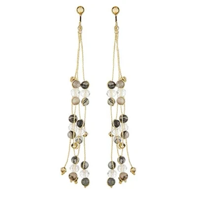 Image of Clip On Earrings Gold Plated Drop With Grey And Black Agate Stone Glass Beads Ryo B