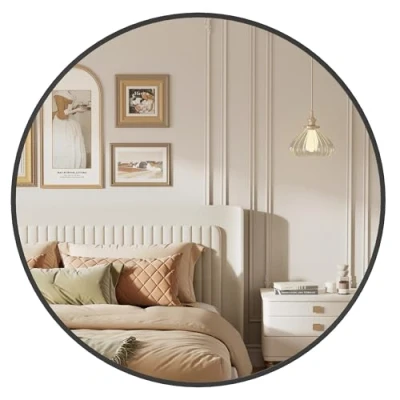 Image of SONGMICS Round Mirror, 61 cm Bathroom Mirror for Wall, Metal Frame, Easy to Install, Modern Wall Bathroom, Living Room, Bedroom, Entryway, Hallway, Ink Black LWM102B01