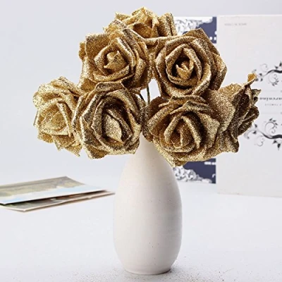 Image of Tutoy 7Pcs Artificial Bouquet Glitter Foam Flowers Wedding Bridal Party Decor DIY Rose Gold