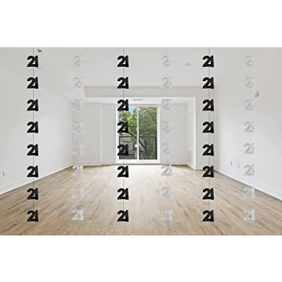 Image of SHATCHI Age Hanging String 13th 90th Glitz Anniversary Birthday Metallic Shiny Foil Banner Party Door Wall Decorations Pack of 6, Black and Silver, one Large