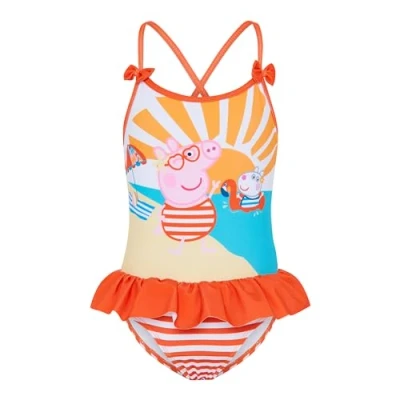 Image of Peppa Pig Girls Swimming Costume Swimsuit Orange Stripes 3 4 Years