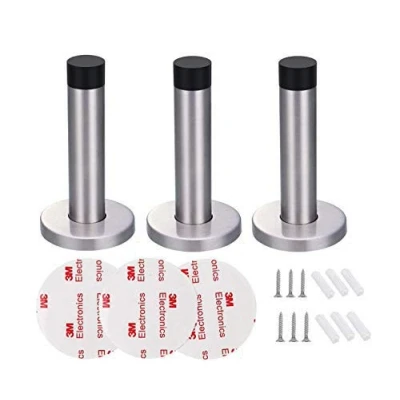 Image of Dproptel Adhesive Mounted Door Stop Chrome Silver Heavy Duty Doorstop Stainless Steel Stopper with Bumper Rubber Buffer 3 Pack (9.5cm)